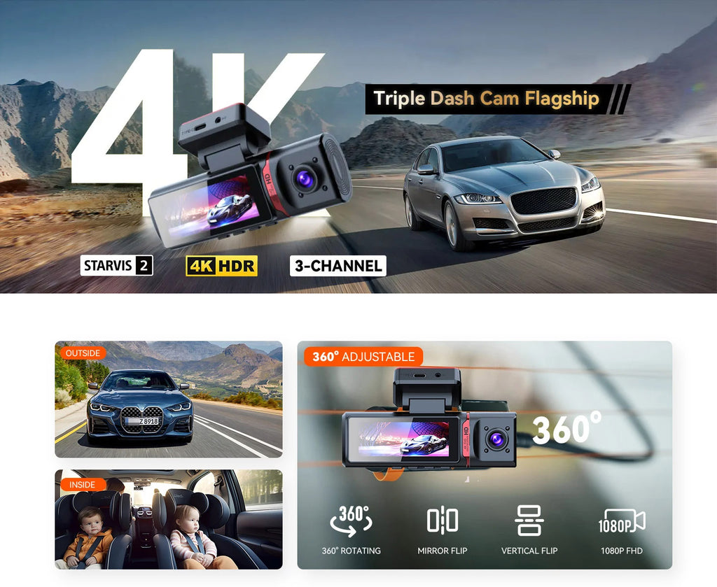 E3  3 Channel Car DVR UHD 4K Dash Cam