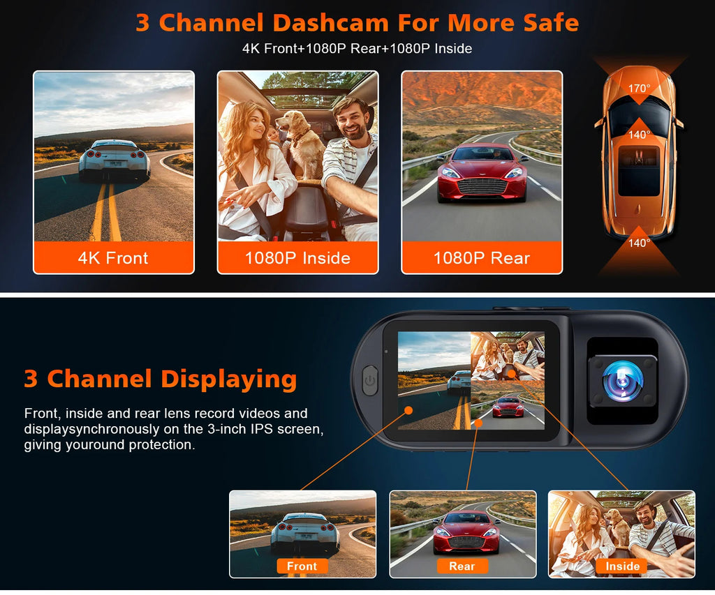 V25  3 Channel Car DVR 4K 3-Lens