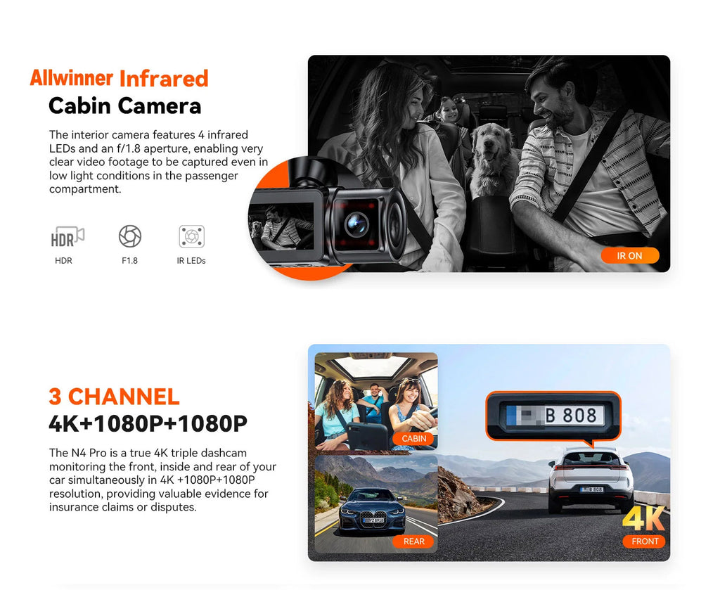 E3  3 Channel Car DVR UHD 4K Dash Cam
