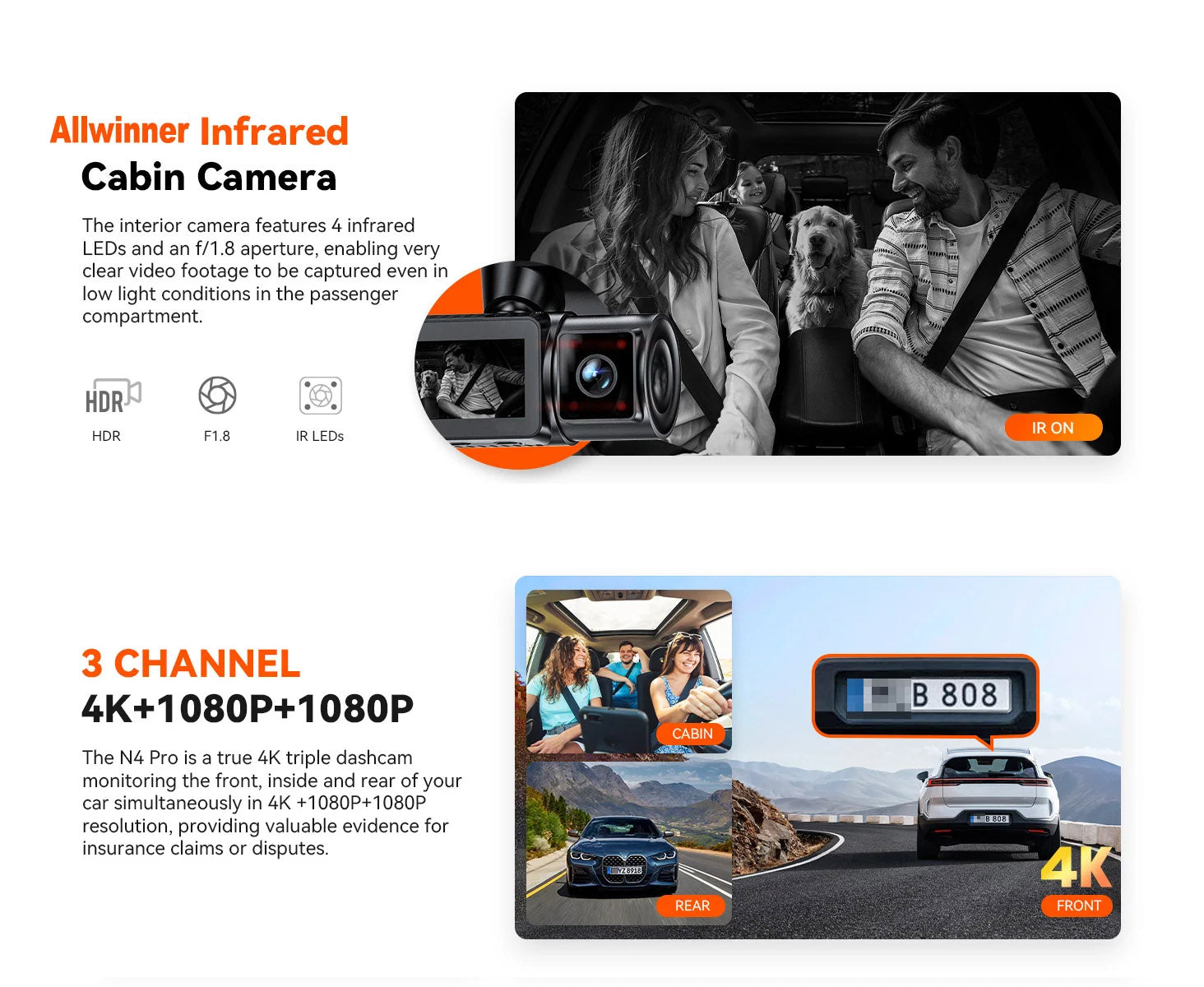 E3  3 Channel Car DVR UHD 4K Dash Cam