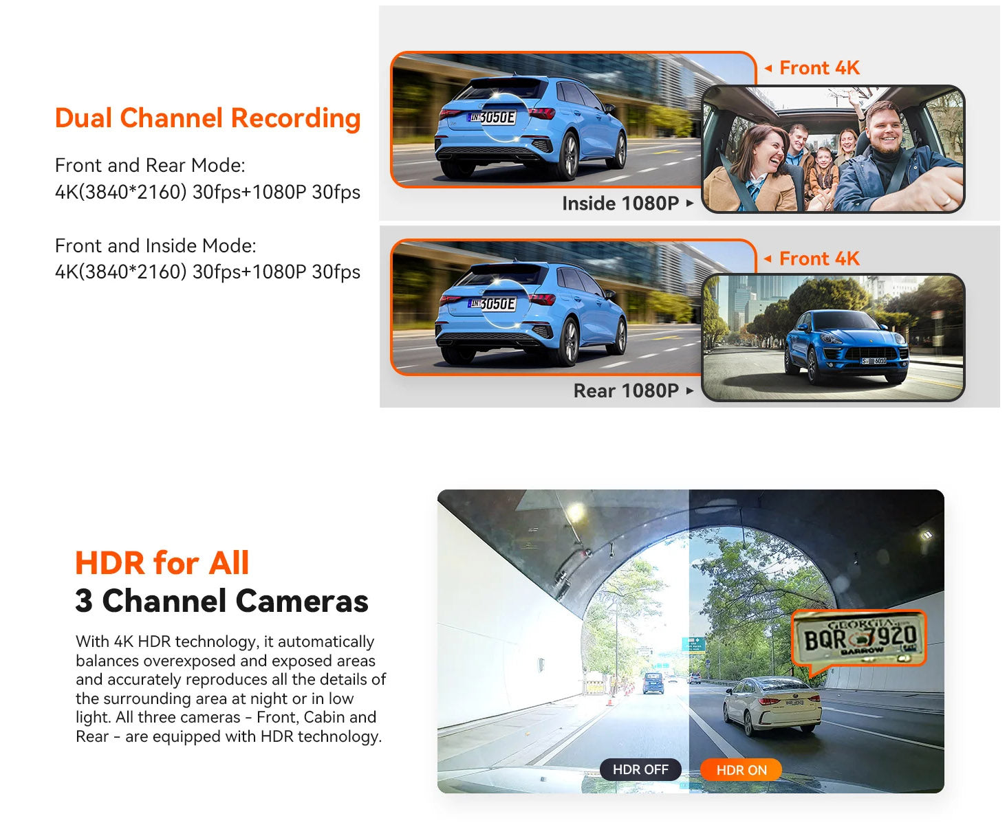 E3  3 Channel Car DVR UHD 4K Dash Cam