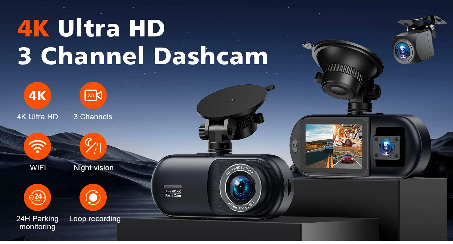 V25  3 Channel Car DVR 4K 3-Lens