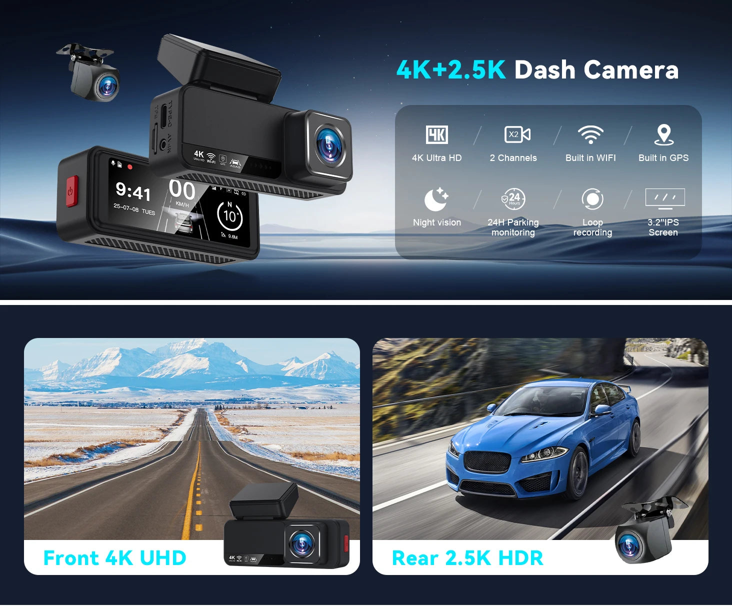 V52  4K+2.5K ADAS Dash Cam 3.2 " IPS Screen