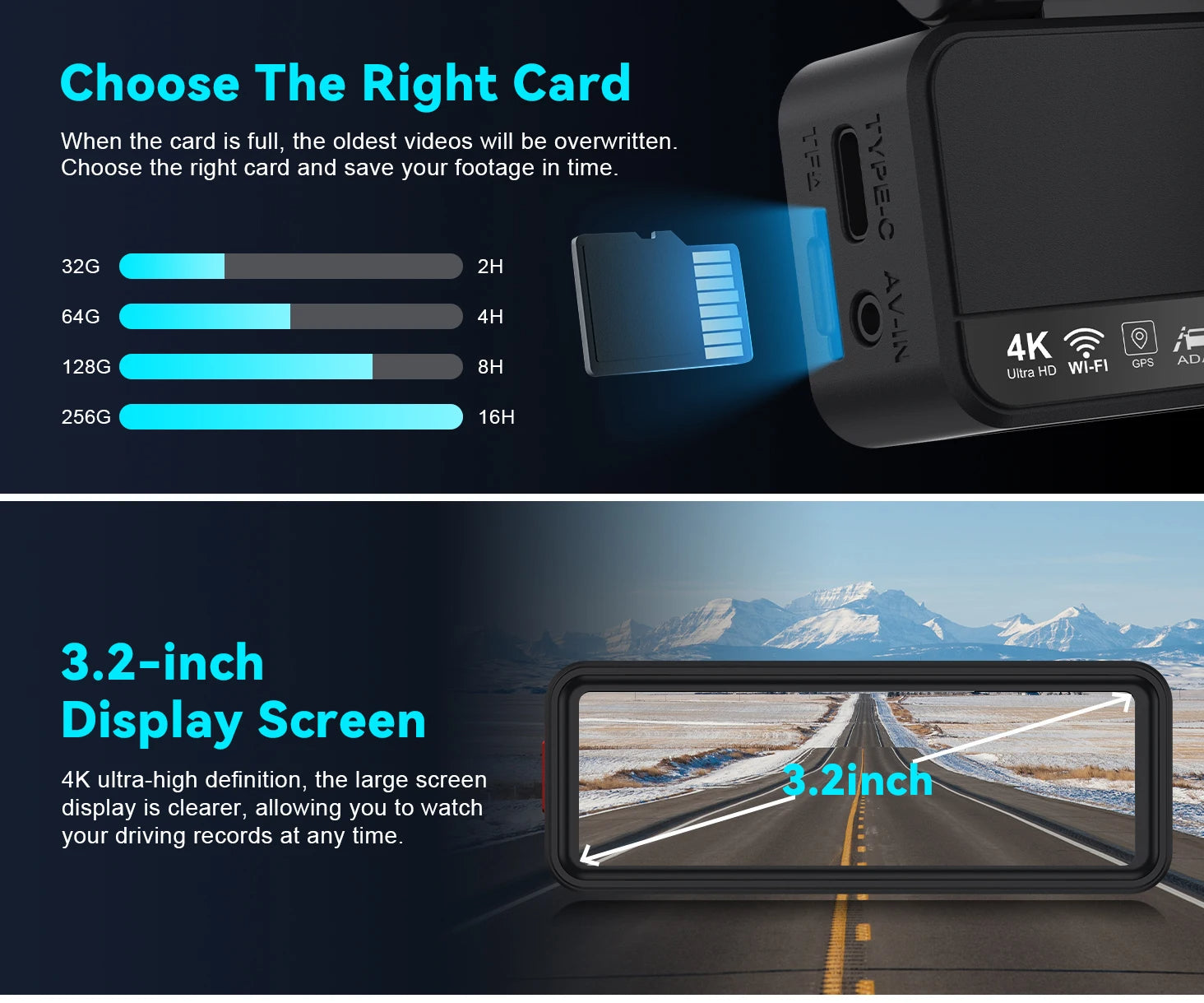 V52  4K+2.5K ADAS Dash Cam 3.2 " IPS Screen