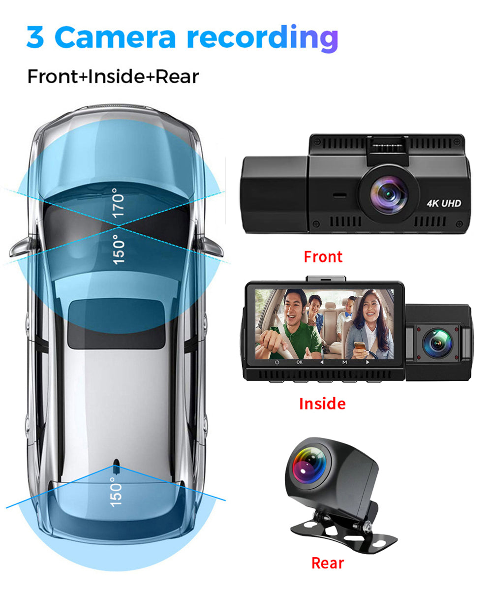 J09 3 Channel Dash Cam Front Inside Rear Three Way Car Dash Camera