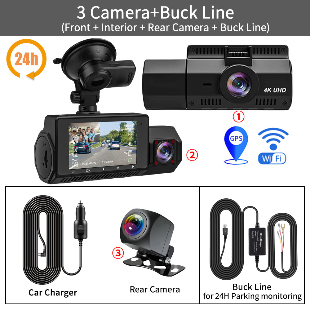 J09 3 Channel Dash Cam Front Inside Rear Three Way Car Dash Camera